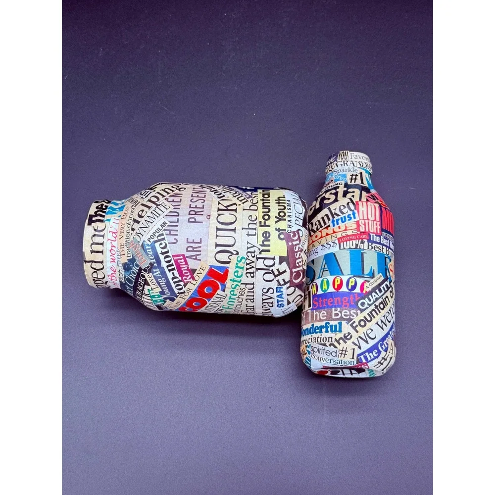 Vintage Decoupage Glass Bottle Set Ransom Note Typography Newspaper Collage 2pc